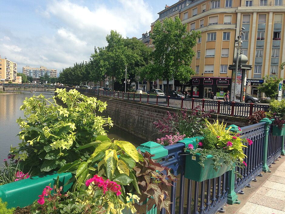 Les jardinières du pont Sadi Carnot sur la Savoureuse. Photo prise le 4 juin 2018. - Agrandir l'image, . 0octets (fenêtre modale)